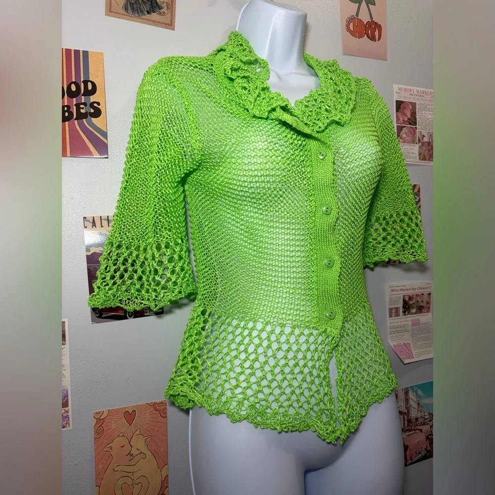 Zara Bright Lime Green Crochet Button-Up Cardigan